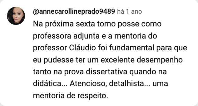 Print do comentário de @annecarollineprado9489 no YouTube: vai tomar posse como professora adjunta.