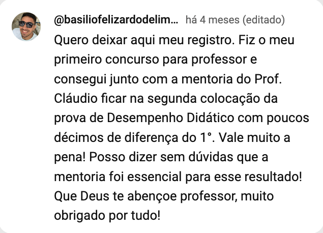 Print do comentário de @basiliofelizardodelimaneto2761 no YouTube: segunda colocação na prova de Desempenho Didático.