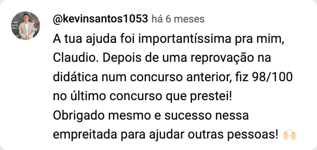 Print do comentário de @kevinsantos1053 no YouTube: depois de uma reprovação, fez 98/100.