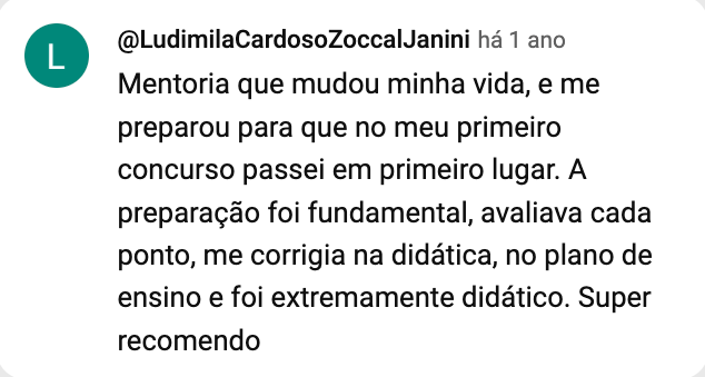 Print do comentário de @LudimilaCardosoZoccalJanini no YouTube: passou em primeiro lugar no primeiro concurso.