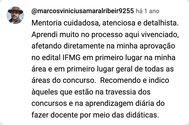 Print do comentário de @marcosviniciusamaralribeir9255 no YouTube: aprovação em primeiro lugar geral no edital do IFMG.