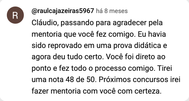 Print do comentário de @raulcajazeiras5967 no YouTube: depois de uma reprovação, tirou 48 de 50.
